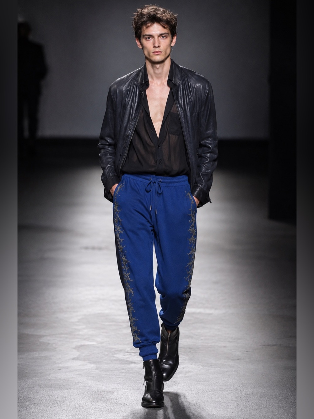 Haider Ackermann 2019 Barb Wire Embroidered Sweatpants in Blue Size XL